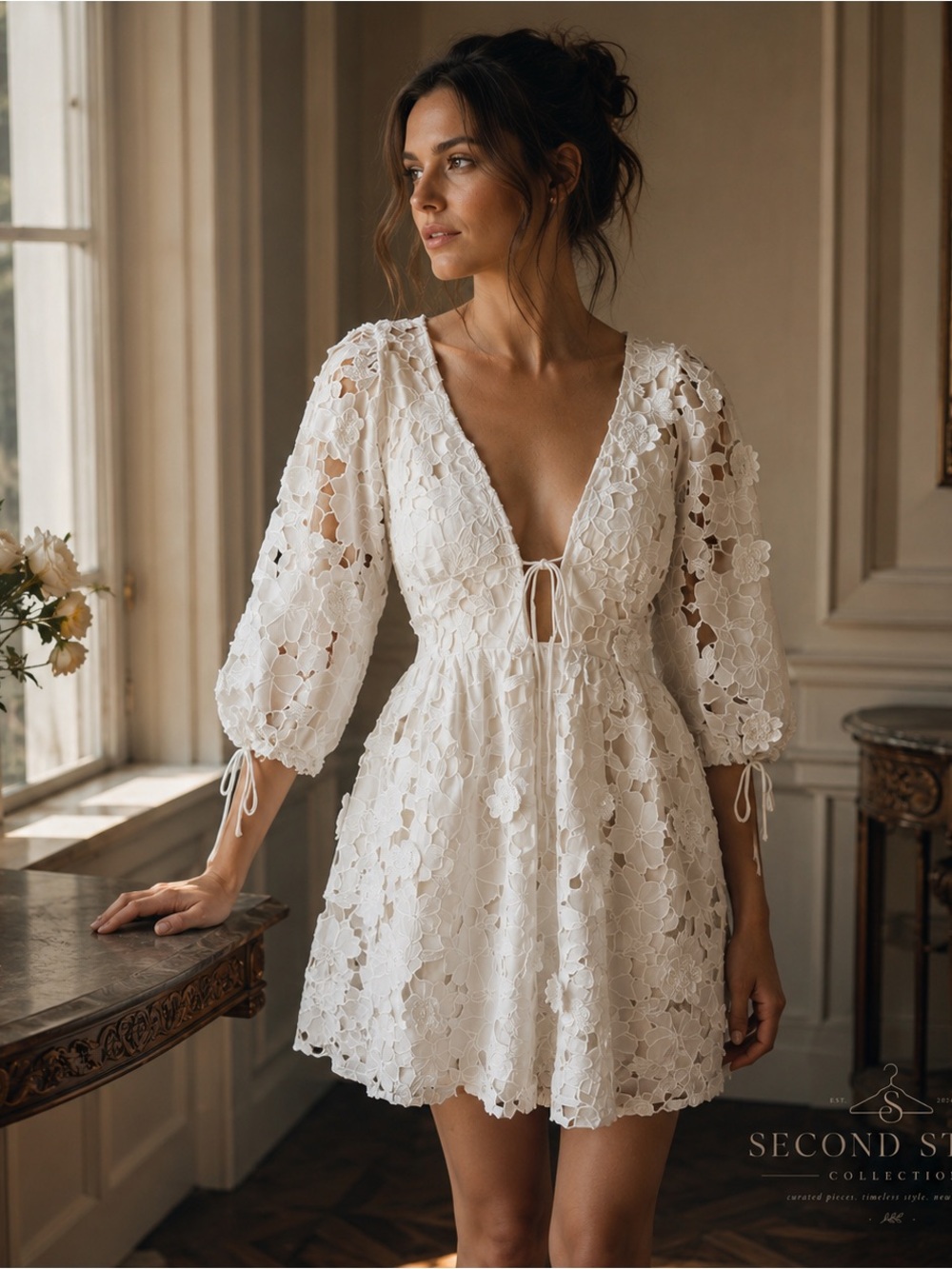 Storia White Floral Lace Mini Dress Puff Sleeves Rush Preference Cottagecore
